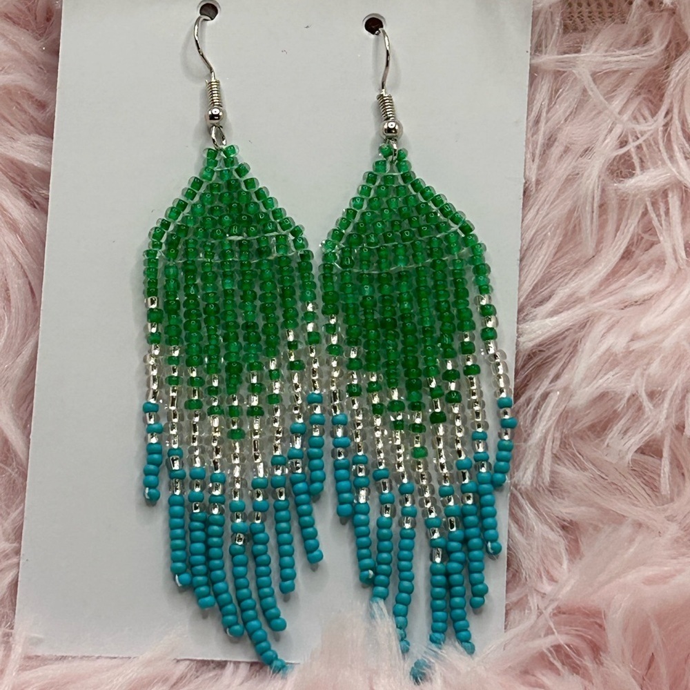 Green & Turquoise Fringe Earrings